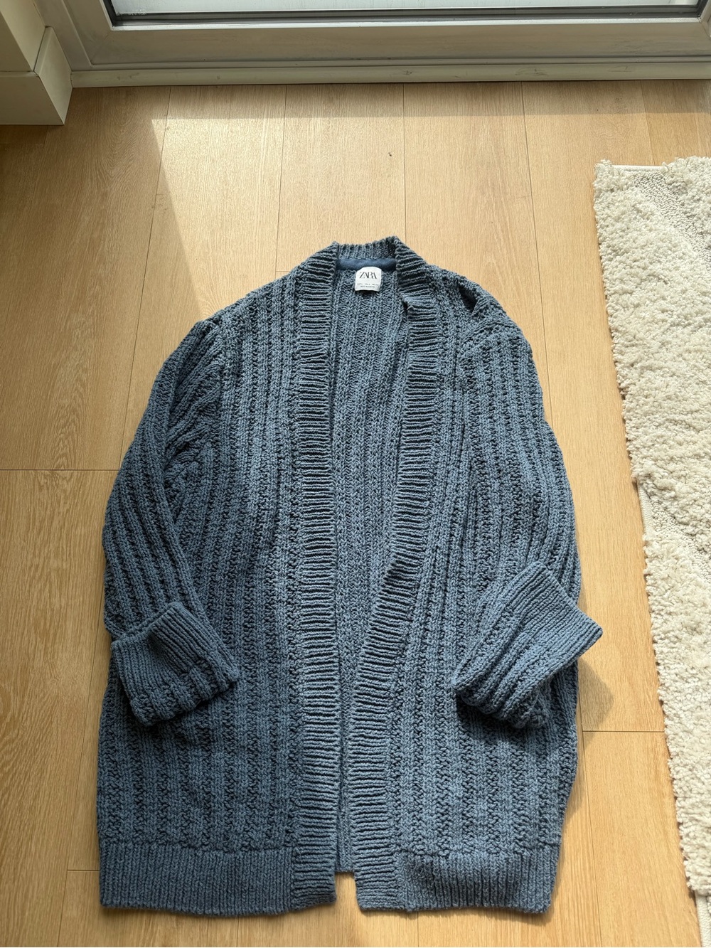 Zara Blue Ribbed Open-Front Women’s Cardigan Sweater